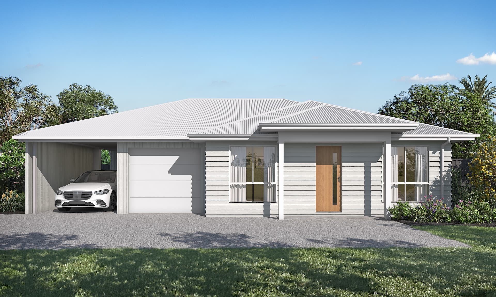 contemporary home with a hip roof type